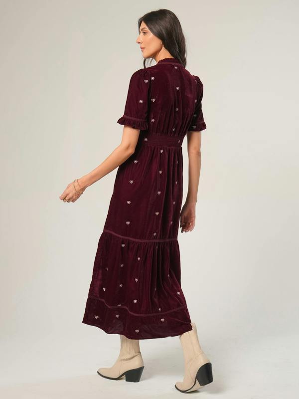 Rose & Nancy Sara Burgundy Heart Embroidered Velvet Dress