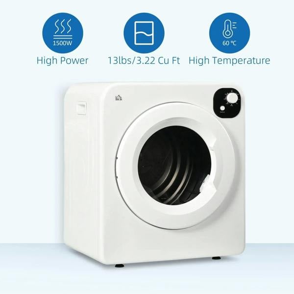 White countertop tumble dryer with front door window and control dial, power and temperature icons