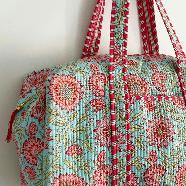 Hayley & Co Blue and Pink Floral Cotton Quilted Weekend Duffle Bag
