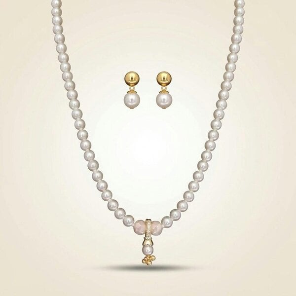 The Colourful Aura White Pearl Pink Quartz Necklace & Earring Set