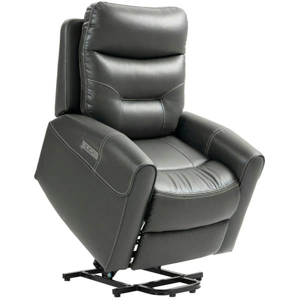 Charcoal gray faux leather power lift recliner chair with padded arms and reclining back