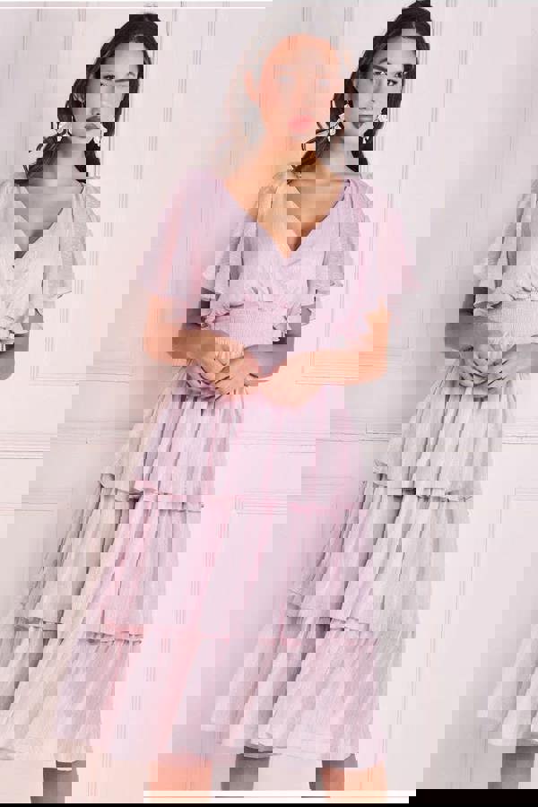 Plain Lurex Chiffon Tiered Dress - Pink DR3905QZ