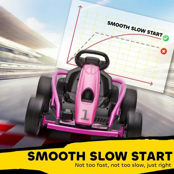 Pink front view kids electric go-kart with black seat, steering wheel, and roll bar
