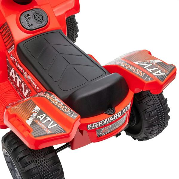 Red kids electric ride-on quad bike with black seat and textured all-terrain tires