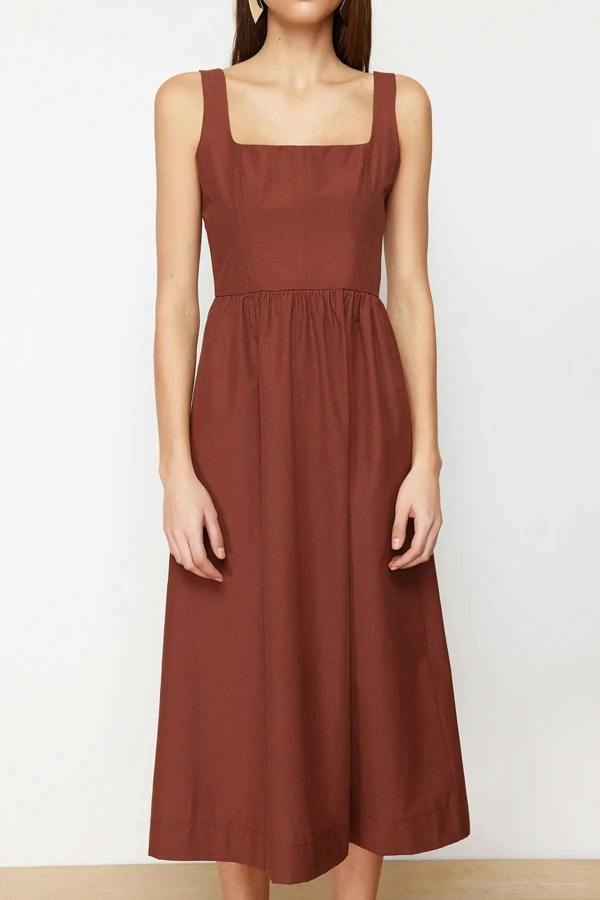 Square Neck Thick Strap Midi Dress with Corset Seam Detail
