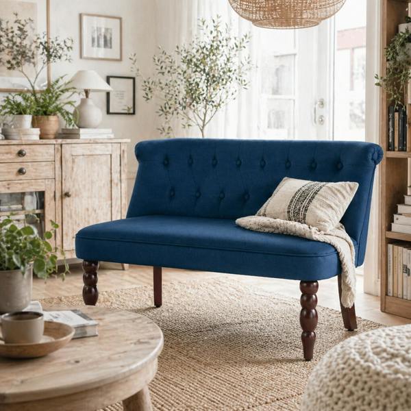 Wyld Haus Layono Dark Blue Velvet Diamond Button Tufted Wingback 2 Seater Sofa