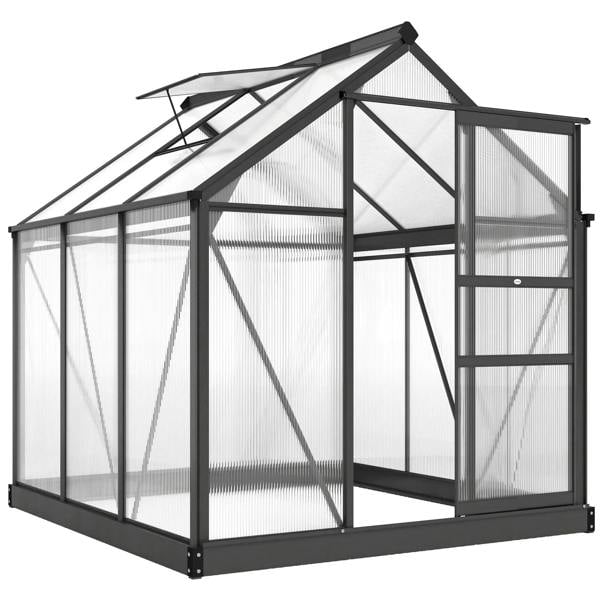 Grey polycarbonate greenhouse with sliding door and roof vent, end window