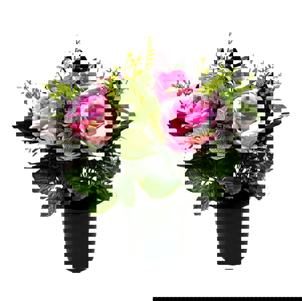 Memorials Direct Premium Artificial Grave Flowers – Pink Open Roses with Eucalyptus (25cm) | Memorial Vase Pot