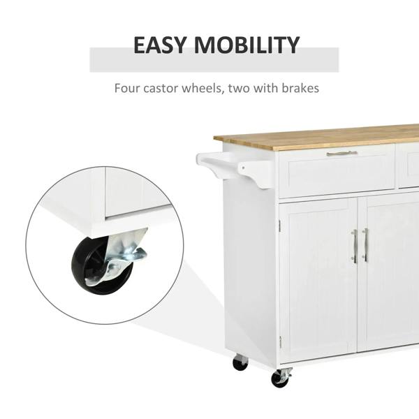 White kitchen island cart with wood top, cabinet doors, and caster wheels with two brakes