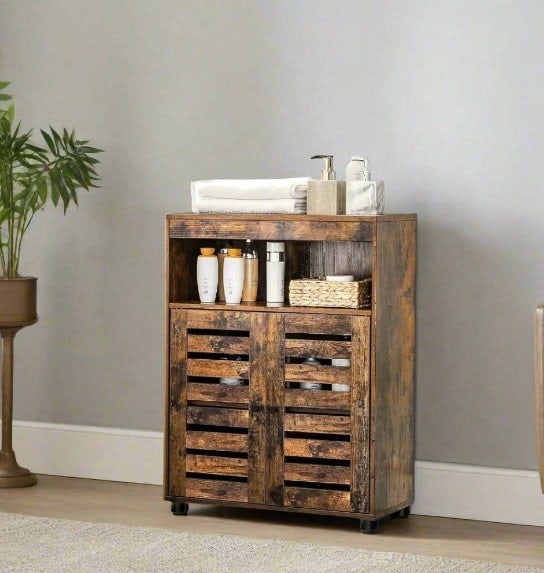 Rustic brown bathroom cabinet with louver doors and open shelf in a modern bathroom setting

