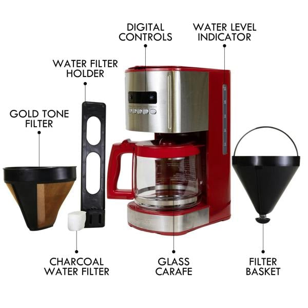 Kenmore 12-Cup Filter Coffee Machine 1.8L Programmable Timer Drip Coffee Maker Red