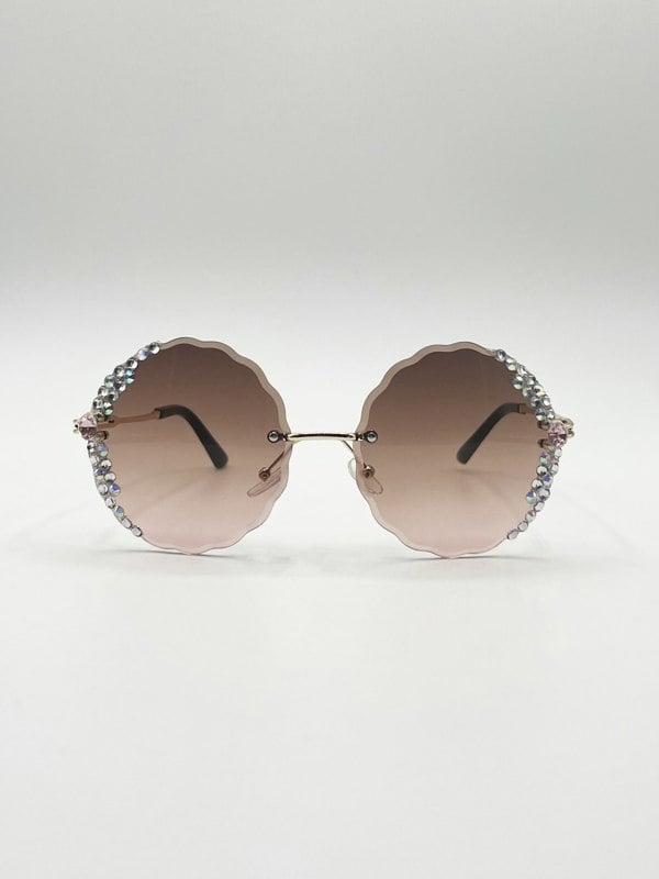 SVNX Oversized Round Frameless Sunglasses with Crystal Detail in Brown