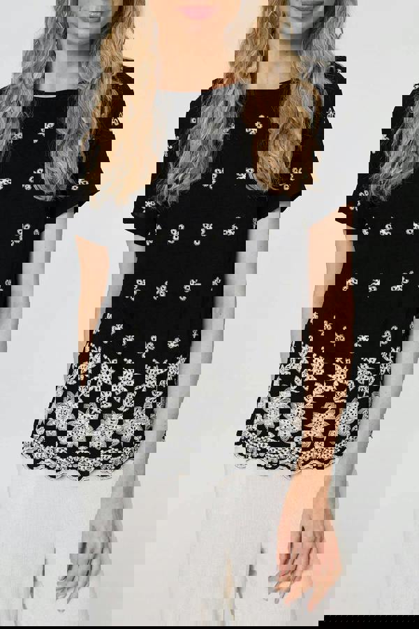 Black | Floral Embroidered Short Sleeve Top