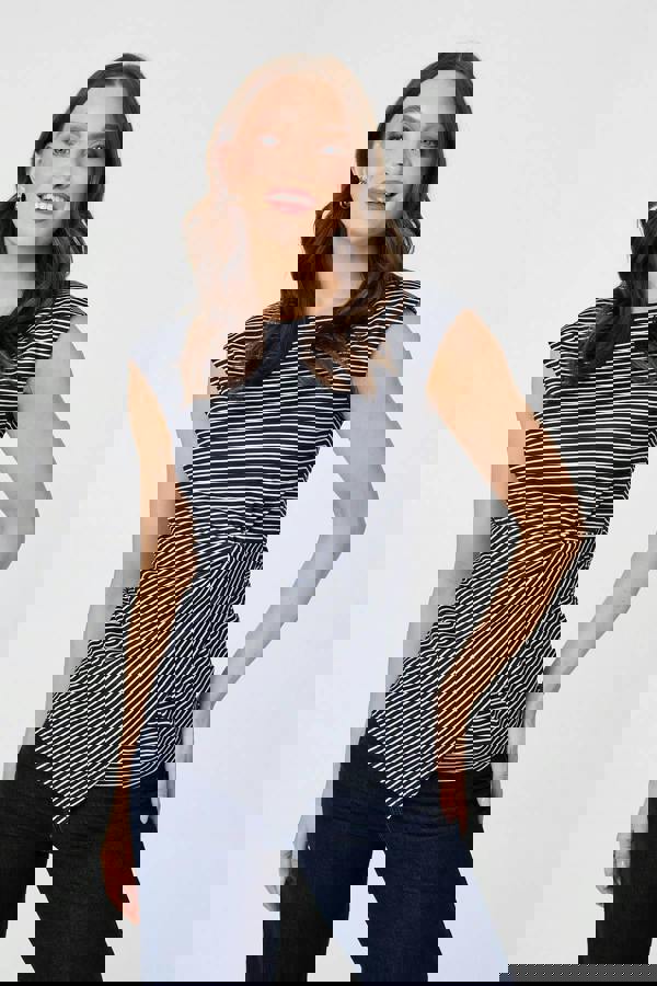 Navy | Striped Ruched Cap Sleeve Asymmetric Top