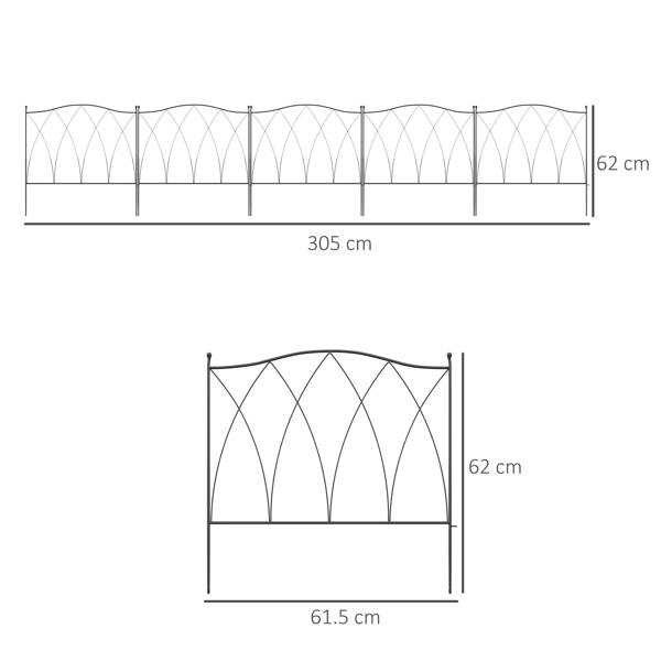 Black decorative metal fence panel with dimensions, arched lattice and vertical stakes