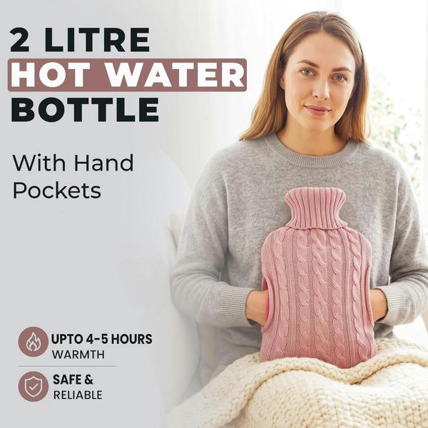 LKH HOME COLLECTION Hot Water Bottle with Cover UK 2L Soft Knitted Washable Cover with hand pockets keeps both hands warm, Leakproof Design