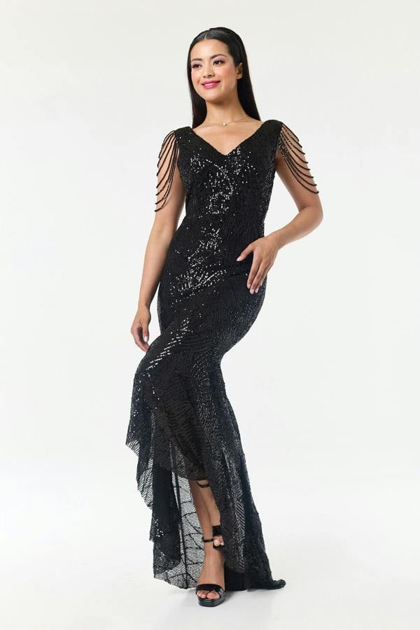 LuvForever Black Jewelled Hi-Lo Sequin Dress