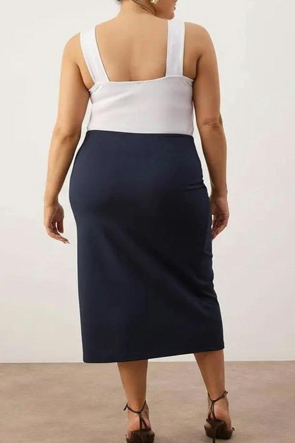 WOVCOR Slit Detail Knitted Stretch Fabric Plus Size Midi Skirt
