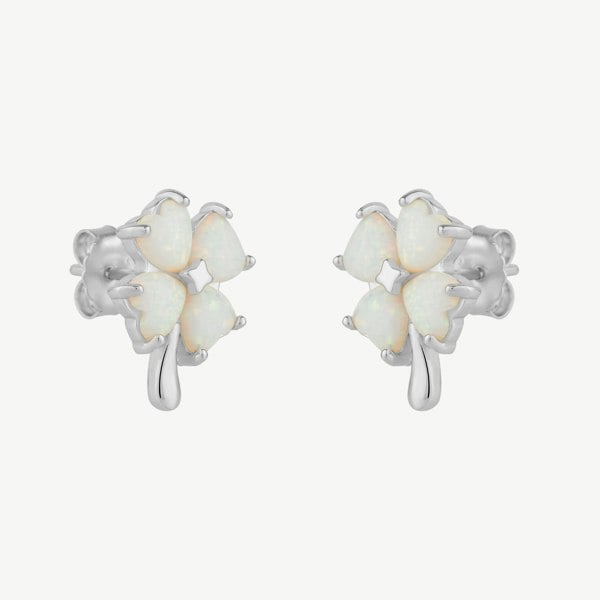 Spero London White Opal Four Leaves Clover Sterling Silver Stud Earring