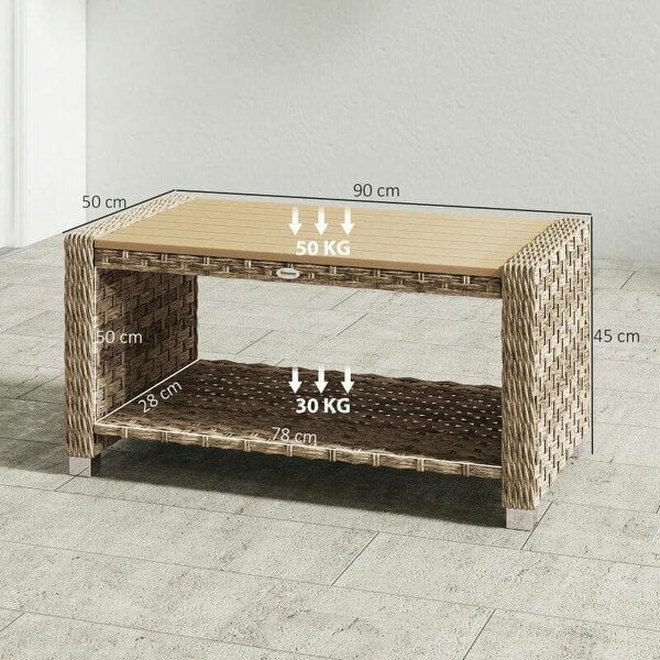 Outdoor Coffee Table with Storage Shelf, PE Rattan Side Table with Slatted Top and Foot Pads, Light Brown