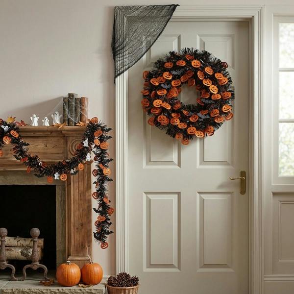 Garden Greatness Sparkling Pumpkin Bat Halloween Tinsel Wreath