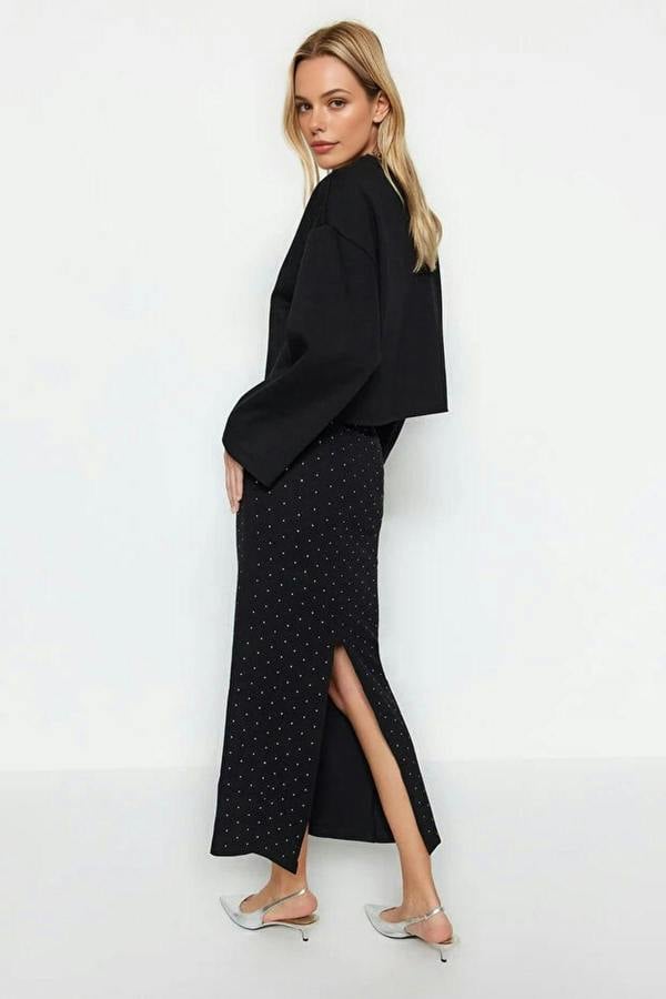 WOVCOR Midi Knit Skirt with Stone Accessory Detail