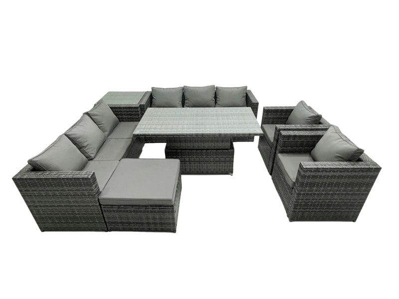 Fimous 9 Seater?Outdoor Rattan Garden Furniture Adjustable Rising Lifting Table With Side Table Chairs Footstool Dark Grey Mixed