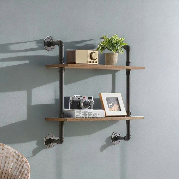 Rafaelo Mobilia Industrial Pipe Wall-Mounted 2 Tier Floating Shelves