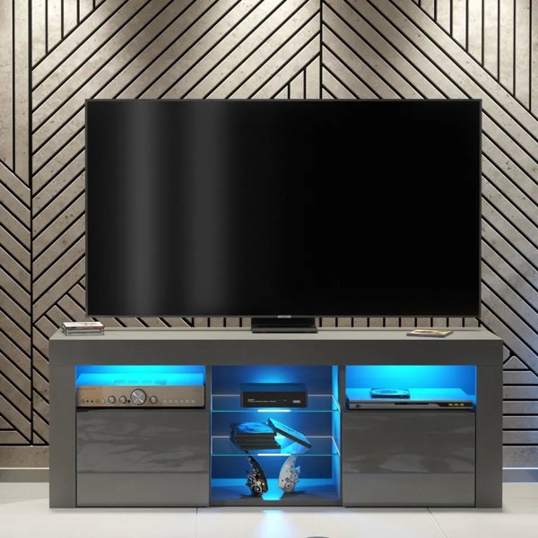 Mex Furniture Stylish Modern 145cm TV Unit with Grey Gloss Doors, Sideboard and Free LED