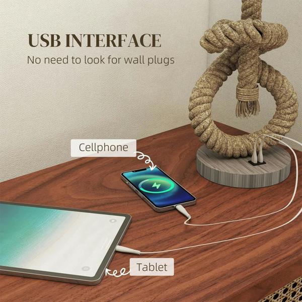 Hemp rope table lamp with USB charging cable connected to a smartphone