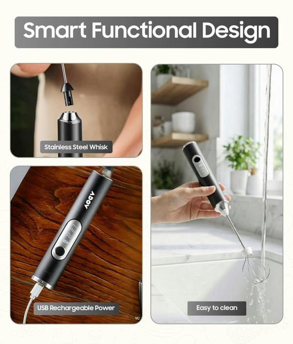 ADOV Rechargeable Handheld Milk Frother, 3-Speed Electric Coffee Whisk with 2 Heads for Latte, Cappuccino and Matcha