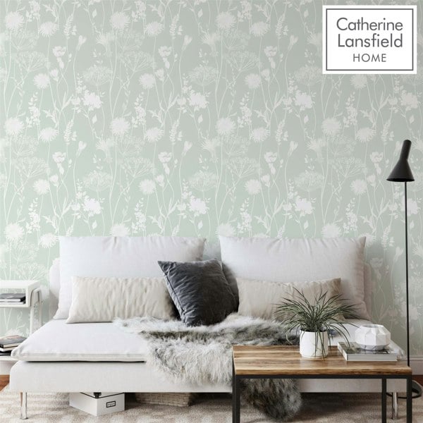 Catherine Lansfield Meadowsweet Floral Green Straight Match Wallpaper