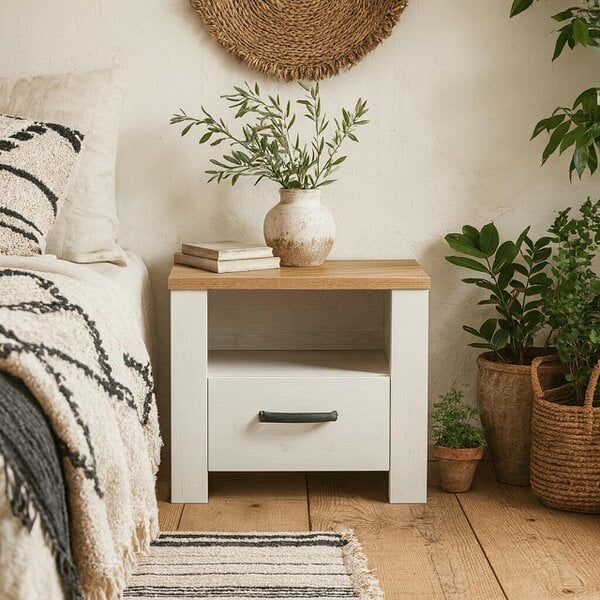 Wyld Haus Bramblecroft White and Natural Oak Wood 1 Drawer Bedside Table