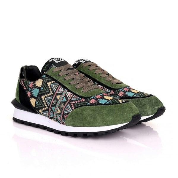 David WeJ Boston Ethnic Print Smart Trainer - Khaki Green