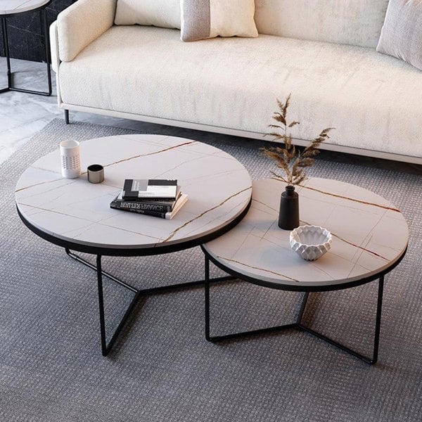 Iver Stone Round Nesting Coffee Table Set, Black & White-Weilai Concept-Weilai Concept