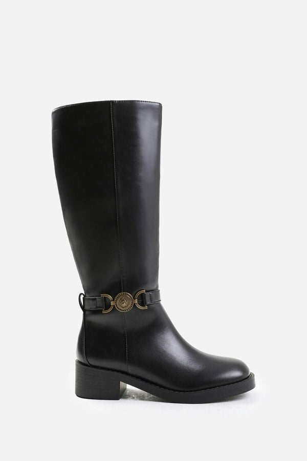 Where's That From Washington Below Knee Boot With Gold Buckle Detail in Black Faux Leather