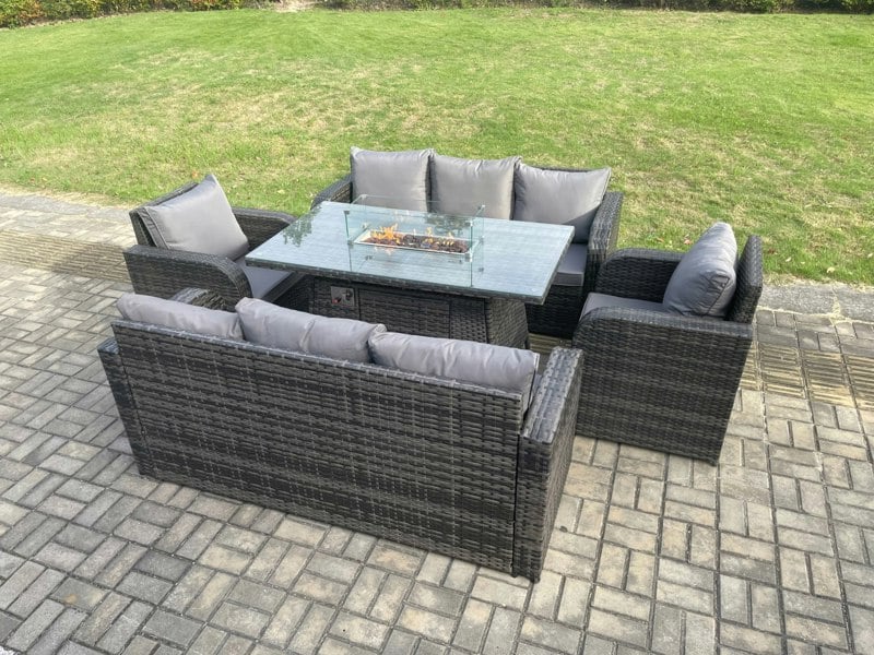Fimous Rattan Outdoor Garden Furniture Sofa Set Gas Fire Pit Dining Table Gas Heater with 3 Seater Sofa Recling Chair 8 Seater Dark Grey Mixed