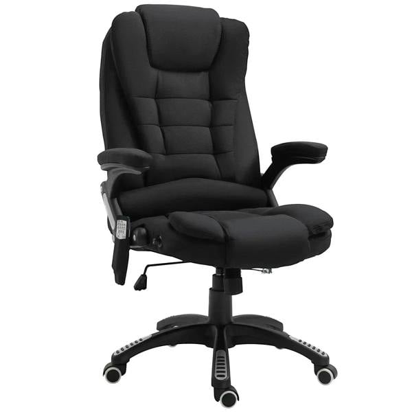 Black padded massage recliner chair with headrest, armrests, and swivel base with wheels