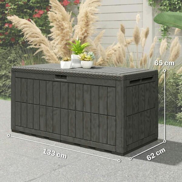 Bobobiy 440L Garden Storage Box, Waterproof & UV Resistant Resin Deck Box with Lockable Lid, Pneumatic Gas Rods, Side Handles