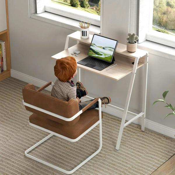 White writing desk with two-tier shelves for laptop, books, and daily items