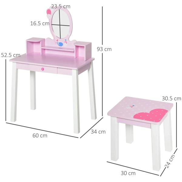 Kids pink wooden dressing table and matching stool with oval mirror, shown with dimensions