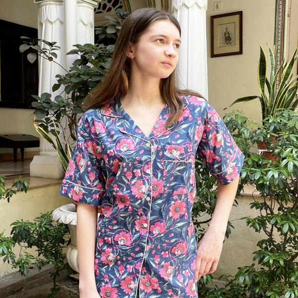 Hayley & Co Navy and Pink Block Print Floral 100% Cotton Short Pyjama Set
