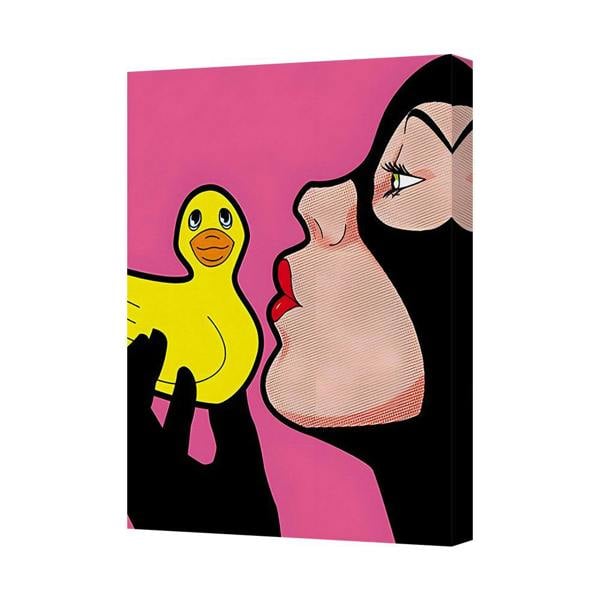 Benjamin Tate Design Pop Art Woman Blowing Kiss With Duck Canvas Art Print Pink Background