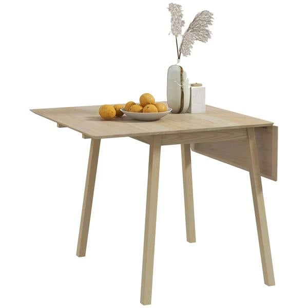 Natural wood drop-leaf dining table with open leaves, standing on four angled legs
