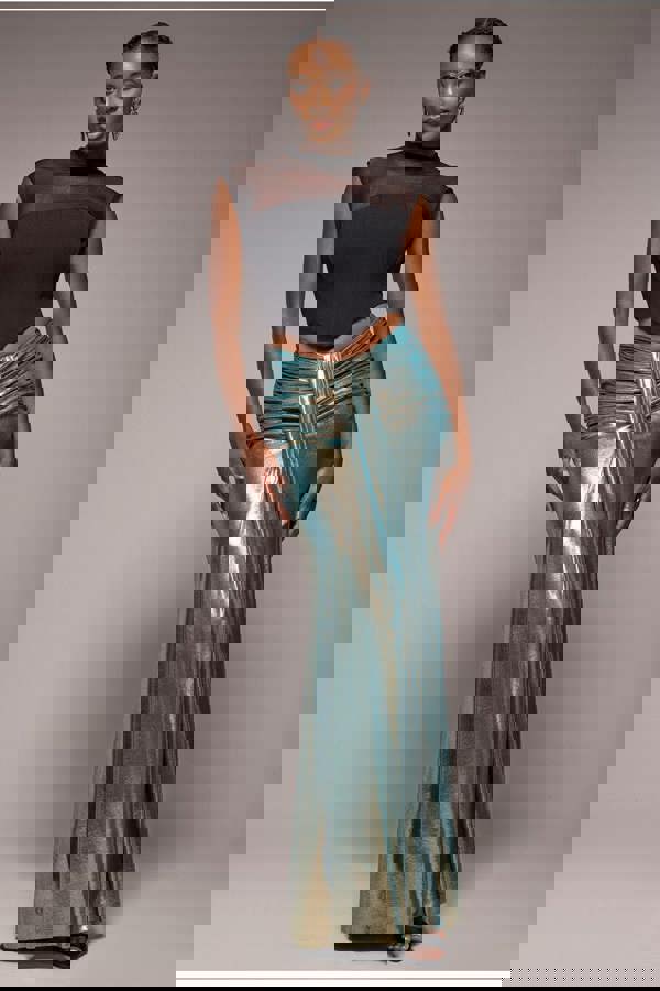 Gathered Front Dipped Waist Foil Maxi Skirt - Gold SK64