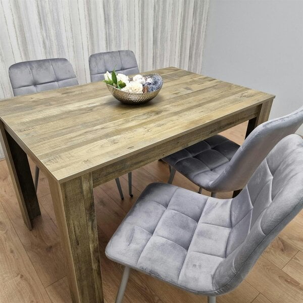Kosy Koala Dining Table and 4 Chairs Rustic Effect Wood Table 4 Grey Velvet Chairs Dining Room