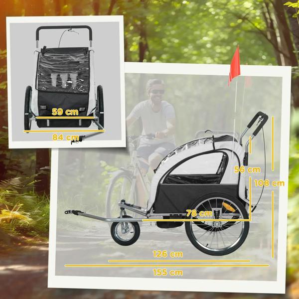 Black 2-seat bike trailer with safety flag shown with size measurements and wheel dimensions