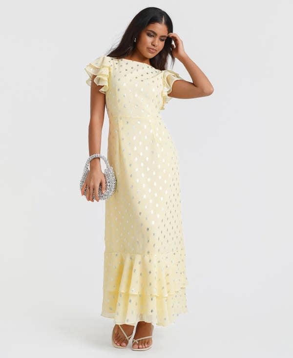 Lemon Flutter Sleeve Foil Midi Dress