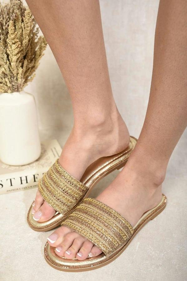 Melinda Open Toe Embellished Flat Sandals - Gold