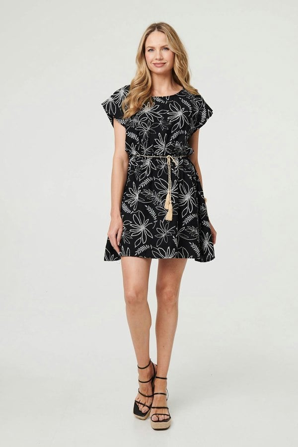 Black | Floral Cap Sleeve Tie Waist Mini Dress
